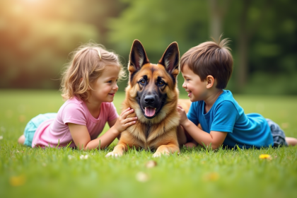 Chien Laekenois avec enfants au soleil sur l'herbe