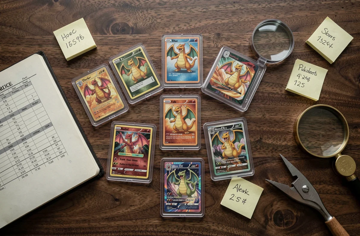 Vue en plongée d'une collection de cartes Pokémon Dracaufeu Ex gradées posées sur un bureau avec des outils d'évaluation pour investissement