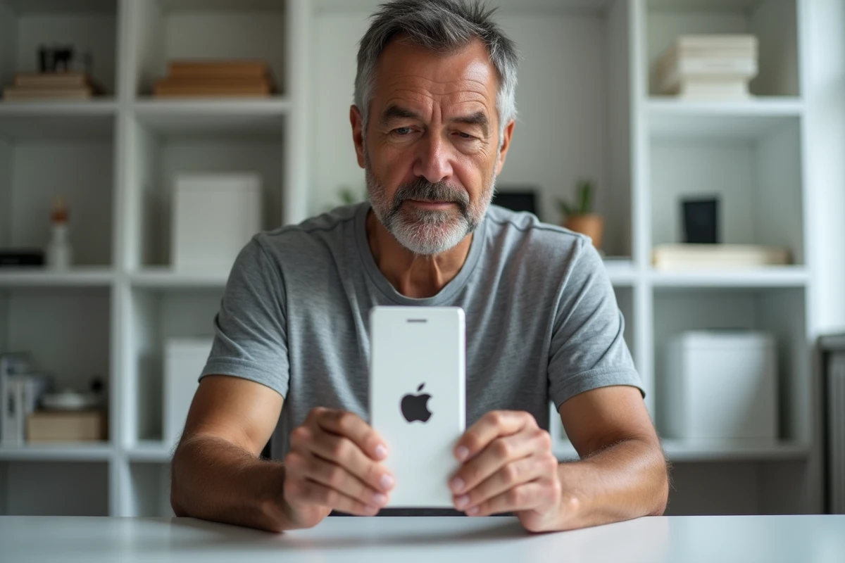 Collectionneur tenant un iPhone 1 sous blister original entre ses mains, entouré d'objets Apple vintage dans un bureau minimaliste