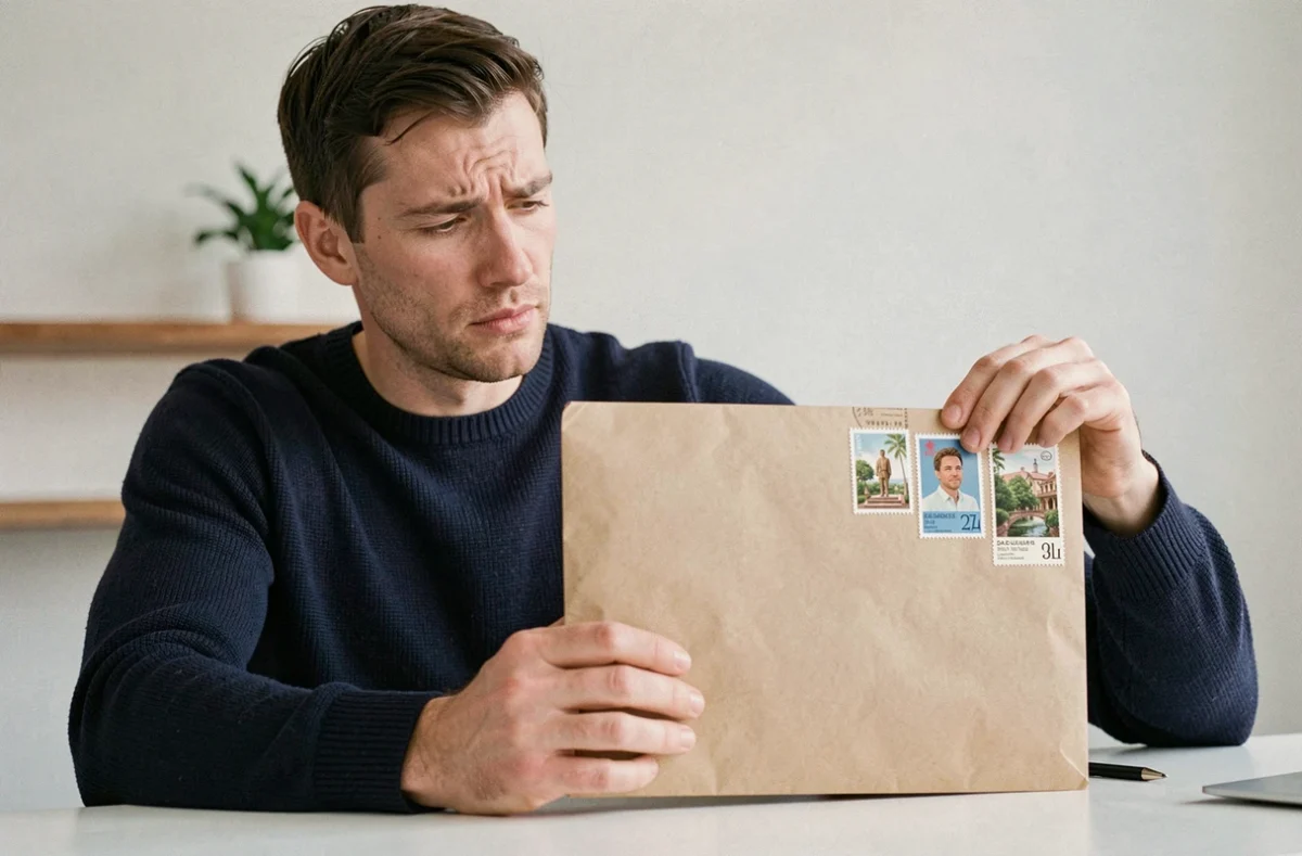 Homme alignant trois timbres en colonne sur le bord supérieur droit d'une grande enveloppe matelassée