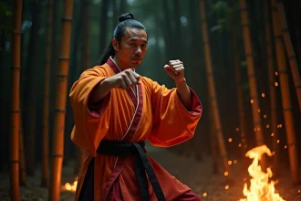 Combattant en haori à motifs de flammes en position de combat dans une forêt de bambous la nuit, évoquant le personnage de Rengoku dans Demon Slayer