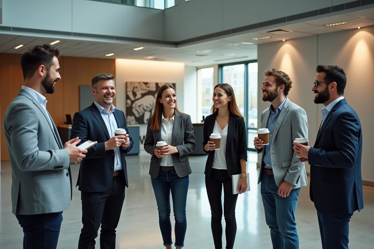 Groupe de professionnels en réseau dans un lobby de bureau moderne après un atelier, représentant la communauté et les membres de la piscine collective