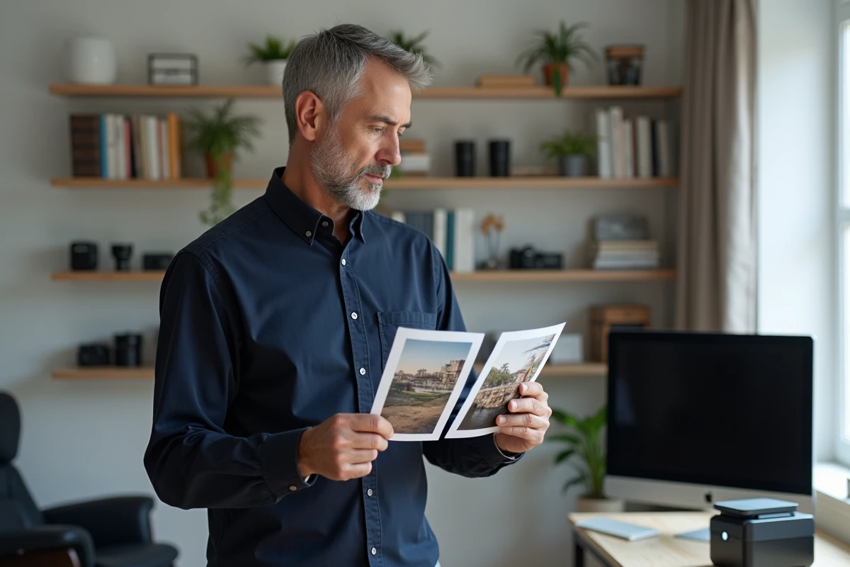Homme comparant des photos imprimées par une imprimante portable et une imprimante photo classique dans un bureau à domicile
