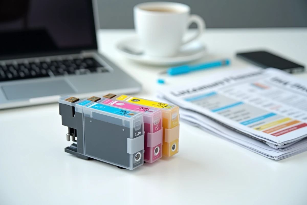 Comparaison de prix de cartouches d'encre de différentes marques sur un bureau au Luxembourg