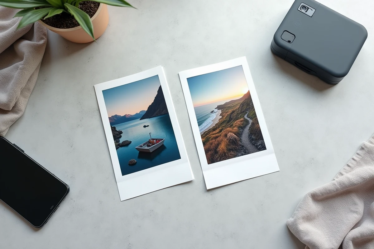Vue aérienne comparant deux photos imprimées par une imprimante portable et une imprimante photo classique sur une surface en béton gris
