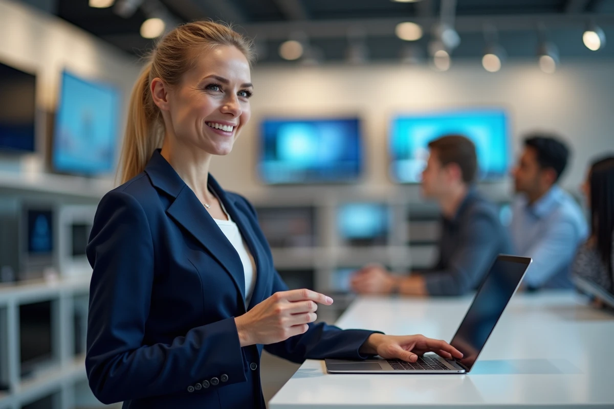 Conseillère service client en magasin Darty aidant un client au comptoir SAV avec une tablette