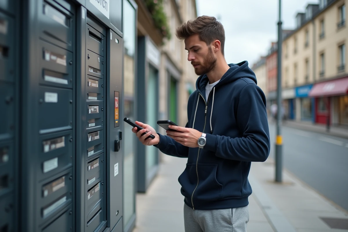 Homme utilisant une consigne automatique pour déposer un colis Vinted dans une rue française