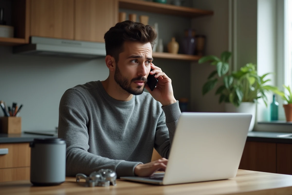 Homme contactant le service client Darty par téléphone depuis chez lui pour un appareil en panne