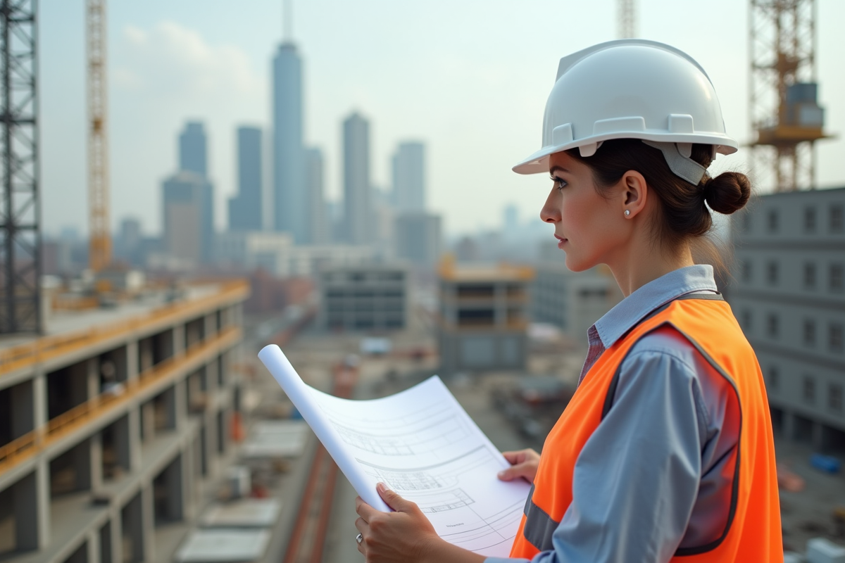 Femme en sécurité supervise un chantier avec plans et machines