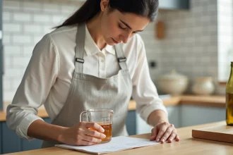 Femme mesurant un volume liquide avec un verre doseur gradué posé à côté d'un mémo de conversion cm cube litre imprimé sur une table de cuisine en bois