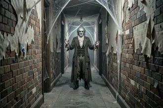 Acteur en costume victorien fantôme dans un couloir de pierre du Manoir de Paris, atmosphère haunted house immersive