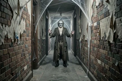 Acteur en costume victorien fantôme dans un couloir de pierre du Manoir de Paris, atmosphère haunted house immersive
