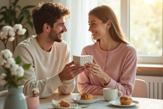 Jeune couple échangeant des cadeaux en coton à la maison