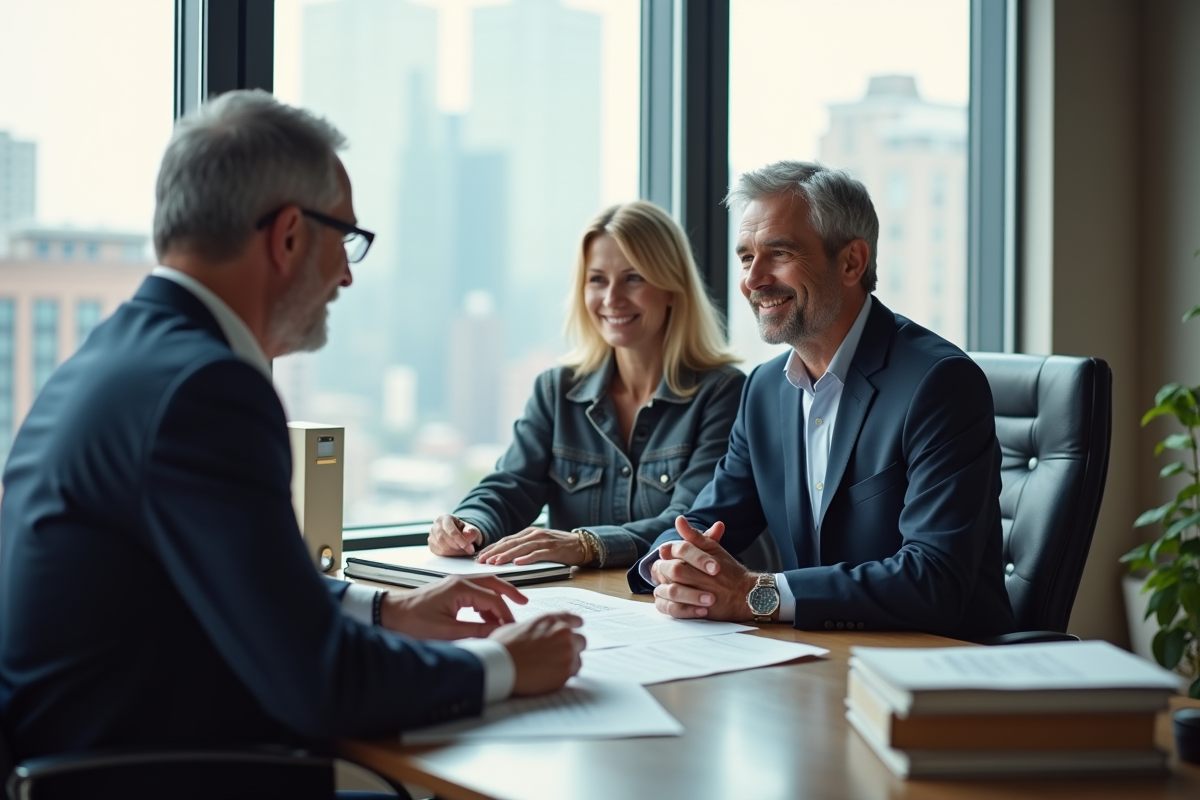 Couple discutant avec un agent immobilier dans un bureau lumineux