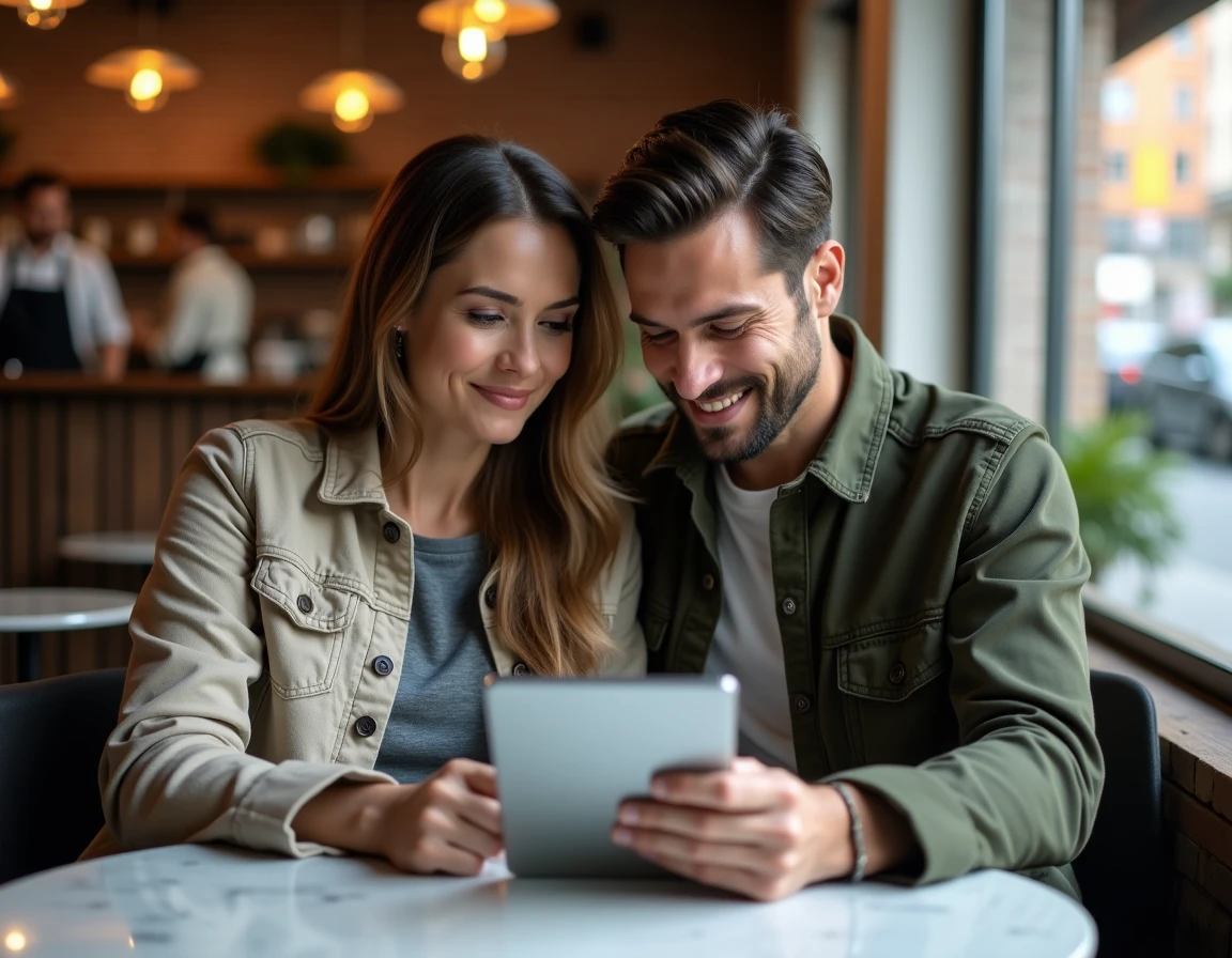 Couple discutant des critères d'inscription à la roue de la fortune autour d'une tablette dans un café