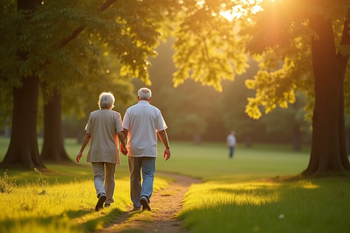 Couple âgé marchant main dans la main dans un parc verdoyant au coucher du soleil