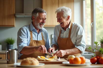 Couple mature riant en préparant le petit déjeuner dans une cuisine lumineuse