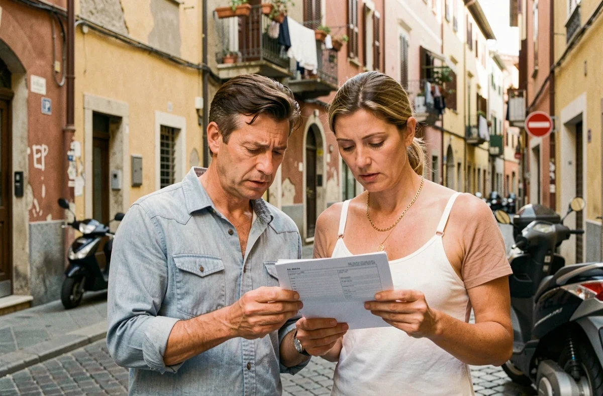 Couple vérifiant des documents de réservation de location devant un immeuble dans une ville italienne
