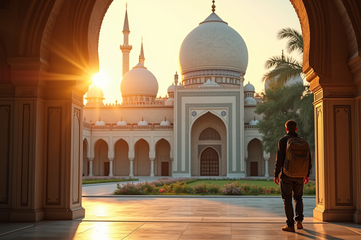 Voyageur seul devant une mosquée au coucher du soleil