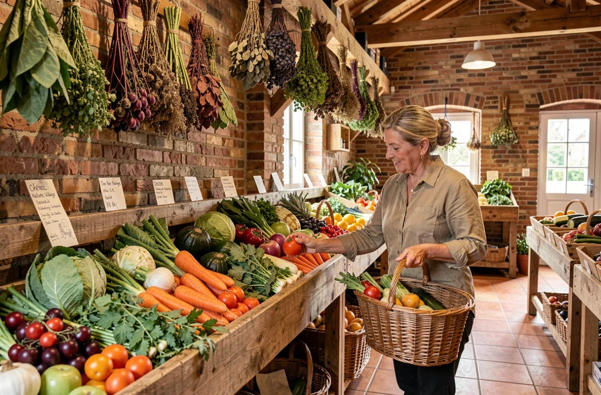 Cliente choisissant des légumes frais dans le cadre champêtre et rustique de Créteil Nature Village