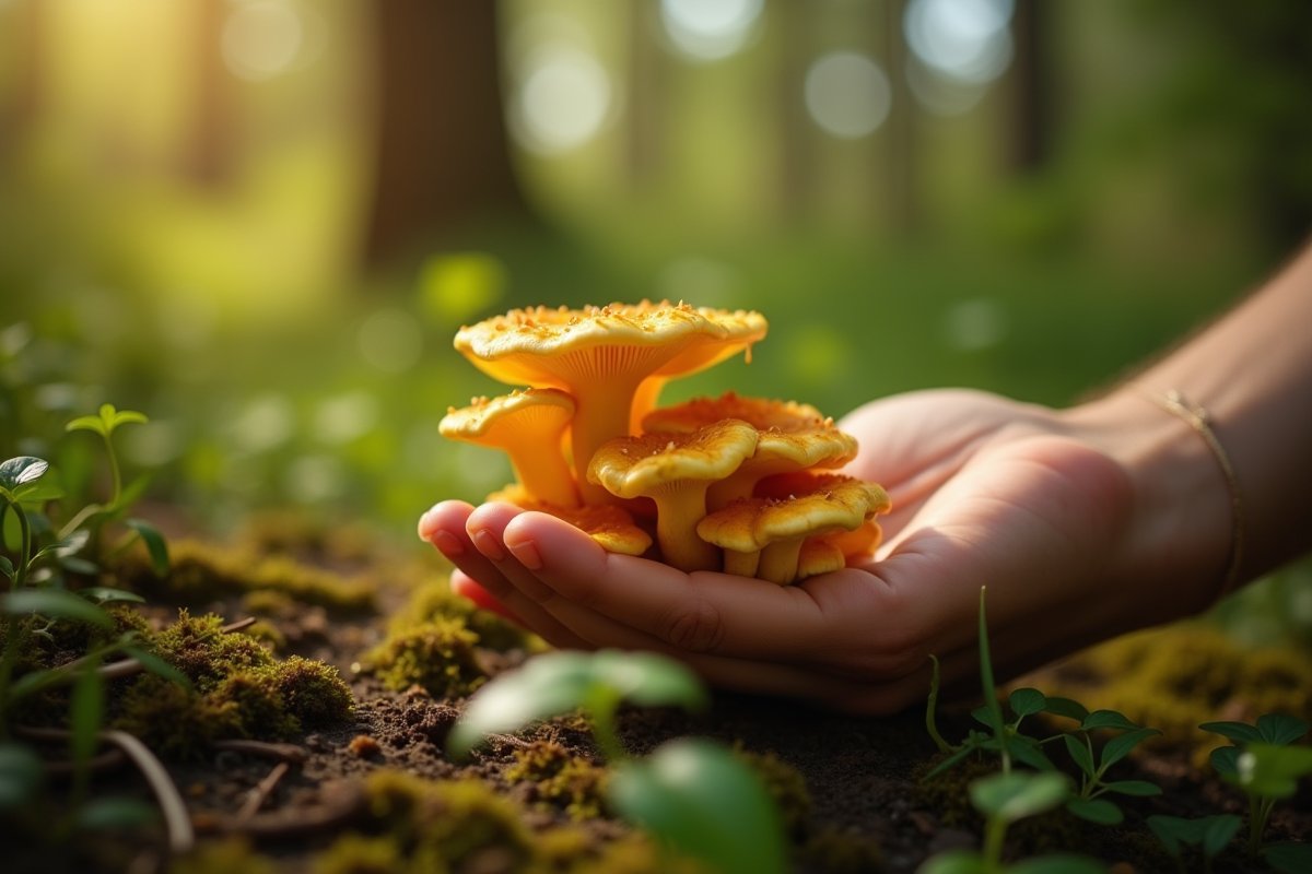 Main récoltant des chanterelles dans la forêt au matin