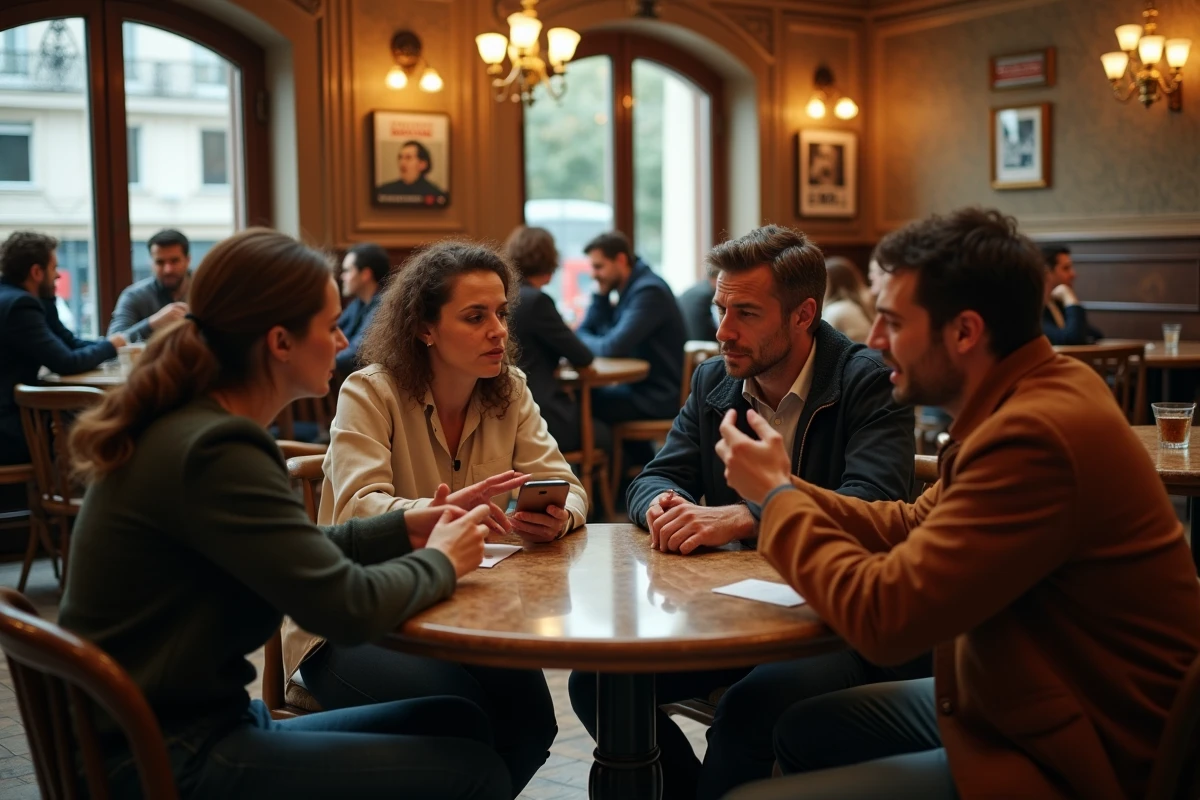 Groupe de citoyens français débattant d'un article de blog politique autour d'une table de café parisien, reflet des divisions et colères sociales en France