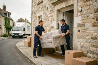 Deux déménageurs professionnels en uniforme portant un canapé emballé devant une maison en pierre traditionnelle à Chartres, Eure-et-Loir
