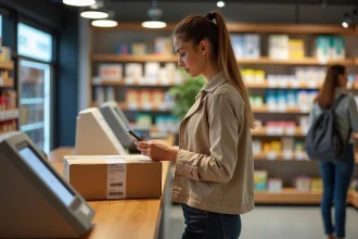 Femme déposant un colis Vinted dans un point relais en 2026 lors d'un dépôt en boutique