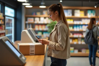 Femme déposant un colis Vinted dans un point relais en 2026 lors d'un dépôt en boutique