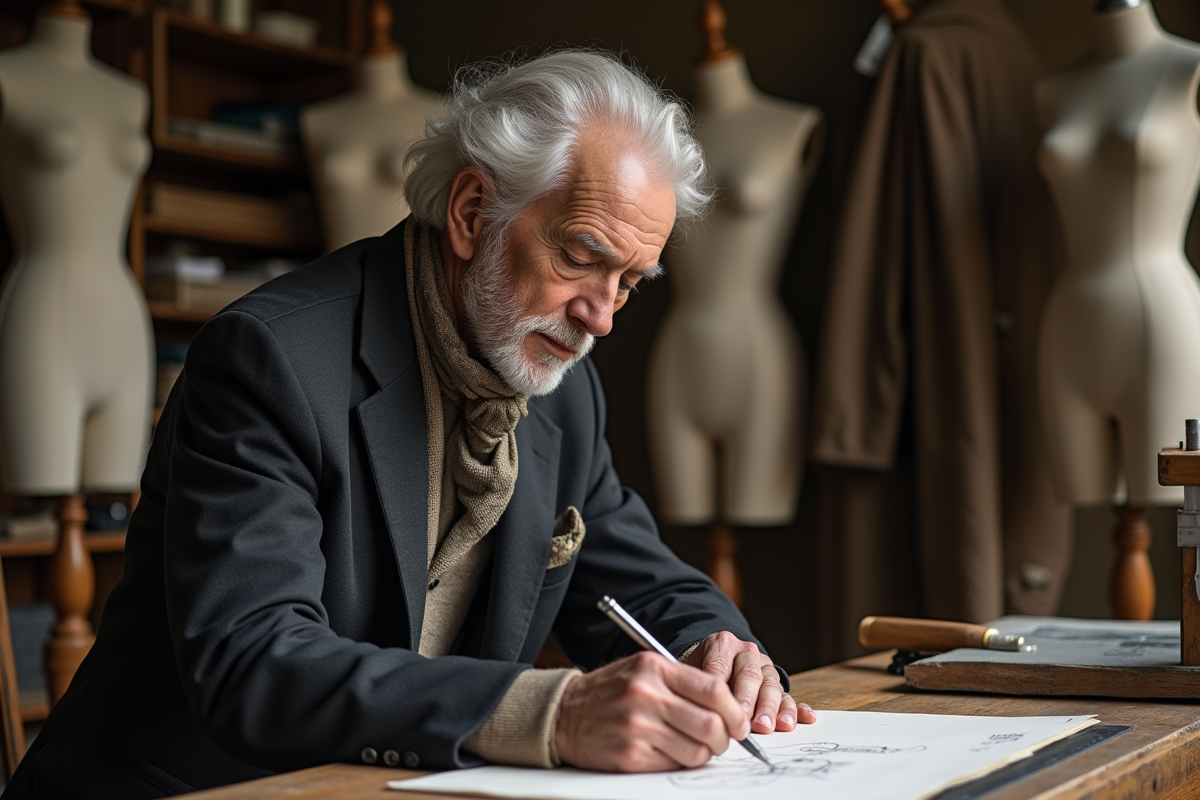 Designer mode homme en atelier avec tissus et mannequins