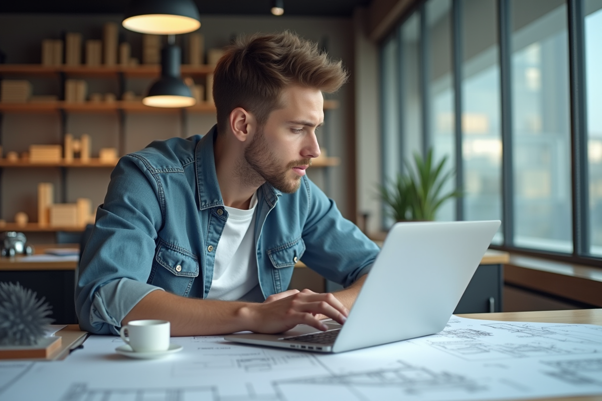 Jeune dessinateur en architecture examine des plans dans un bureau moderne