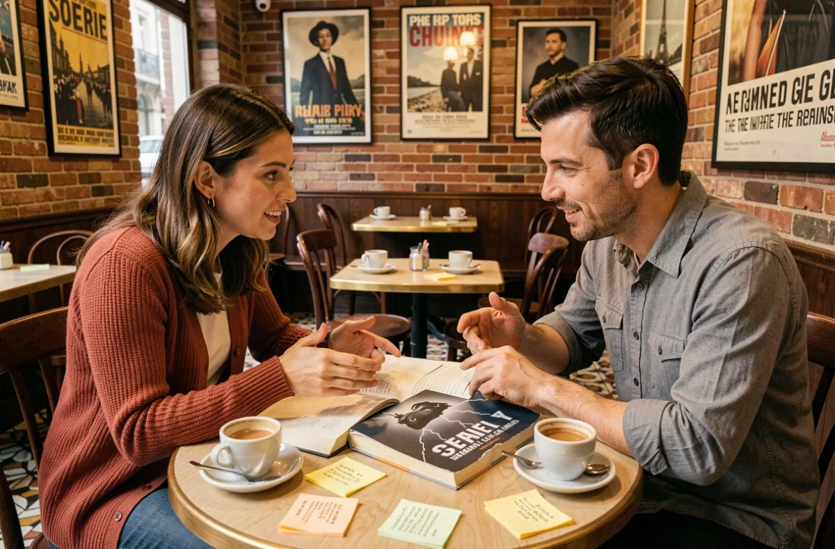 Deux lecteurs discutant des thèmes cachés et de la signification de La Symphonie des Éclairs dans un café littéraire