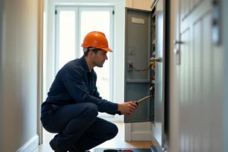 Électricien professionnel intervenant sur un tableau électrique dans une maison en Maine-et-Loire