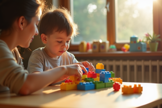 Jeune enfant assemble des blocs colorés avec un parent dans une ambiance chaleureuse