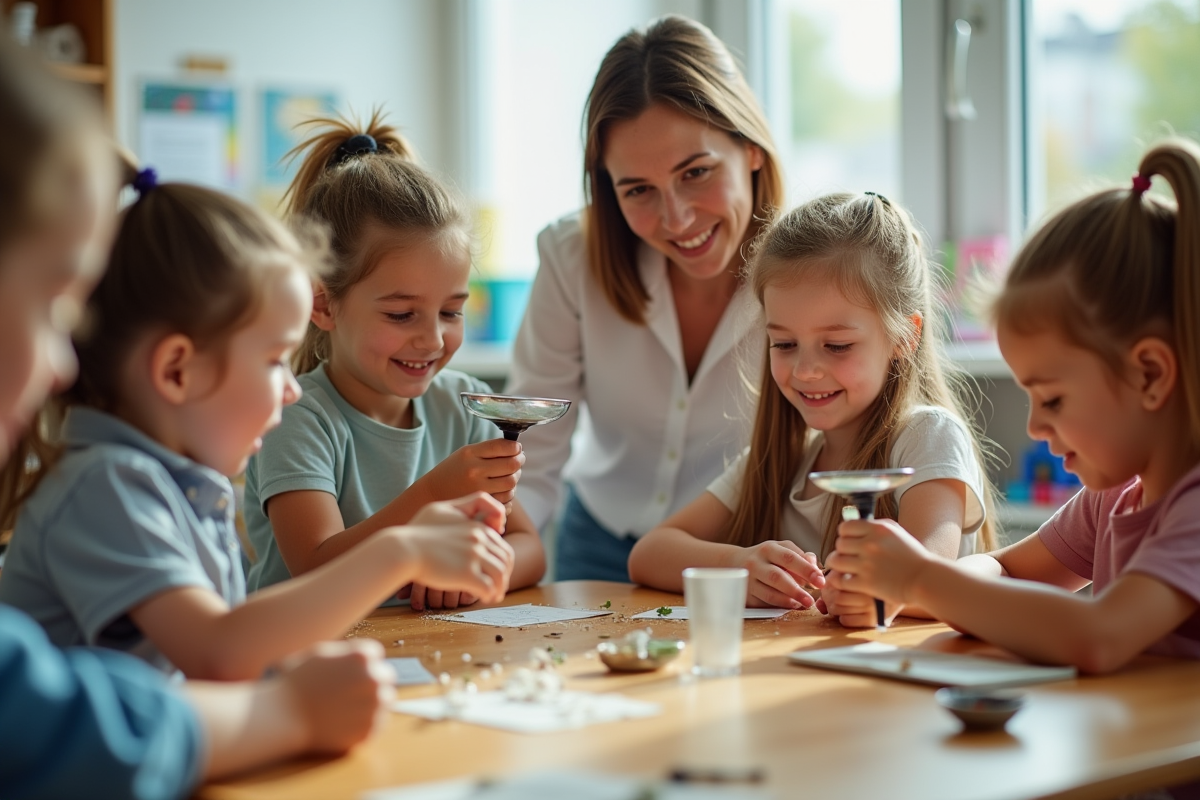 Enfants en classe manipulant des objets naturels avec un enseignant souriant