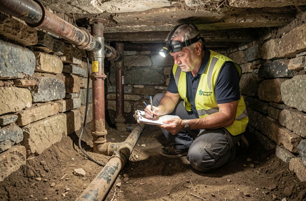 Technicien de l'Entreprise Bouguin inspectant une canalisation principale dans un vide sanitaire dans l'Allier