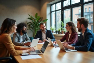 Équipe diverse collaborant autour d'une table en bois dans un espace de co-working moderne, illustrant le concept de piscine collective et ses membres