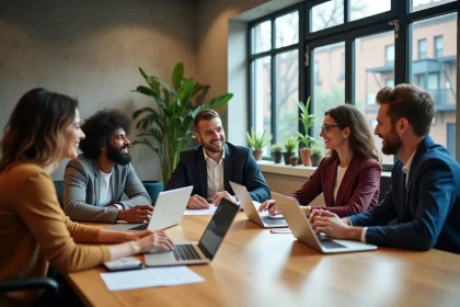 Équipe diverse collaborant autour d'une table en bois dans un espace de co-working moderne, illustrant le concept de piscine collective et ses membres