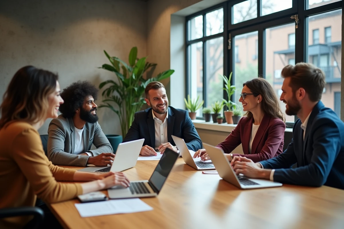 Équipe diverse collaborant autour d'une table en bois dans un espace de co-working moderne, illustrant le concept de piscine collective et ses membres