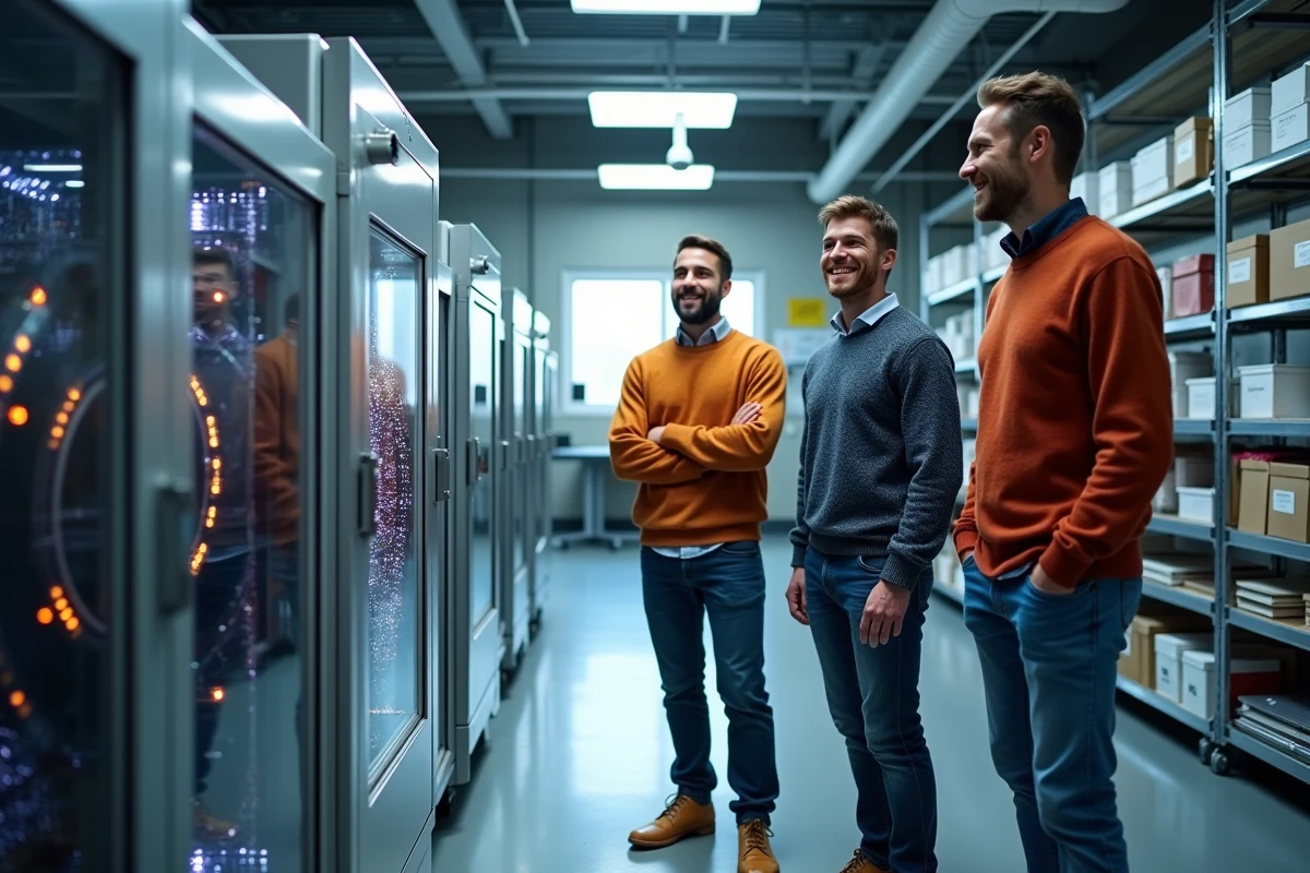 Groupe de chercheurs discutant près d’un processeur quantique