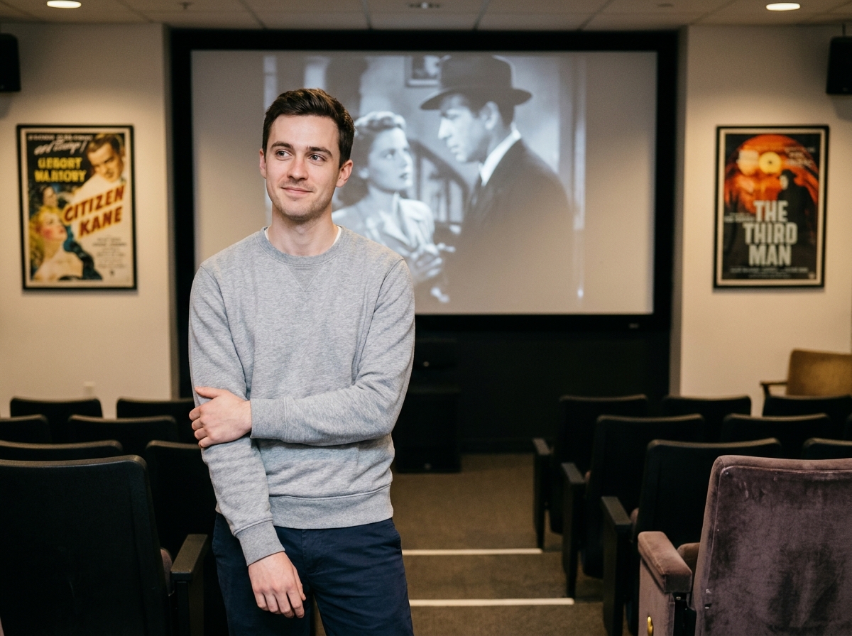 Étudiant en école de cinéma écoutant un cours dans une salle de projection professionnelle avec écran de film en arrière-plan
