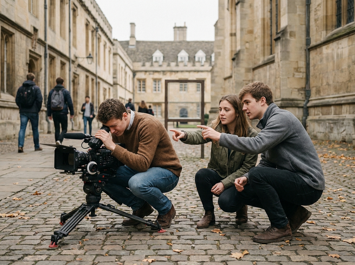 Groupe d'étudiants en cinéma filmant en extérieur sur le campus d'une école d'arts avec une caméra professionnelle