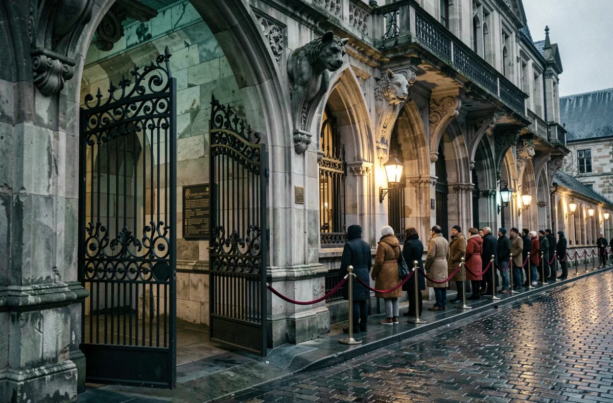 Façade gothique du Manoir de Paris avec portail en fer forgé et file d'attente de visiteurs sur les pavés parisiens