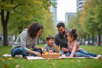 Famille multiculturelle profitant d'un pique-nique dans un parc verdoyant