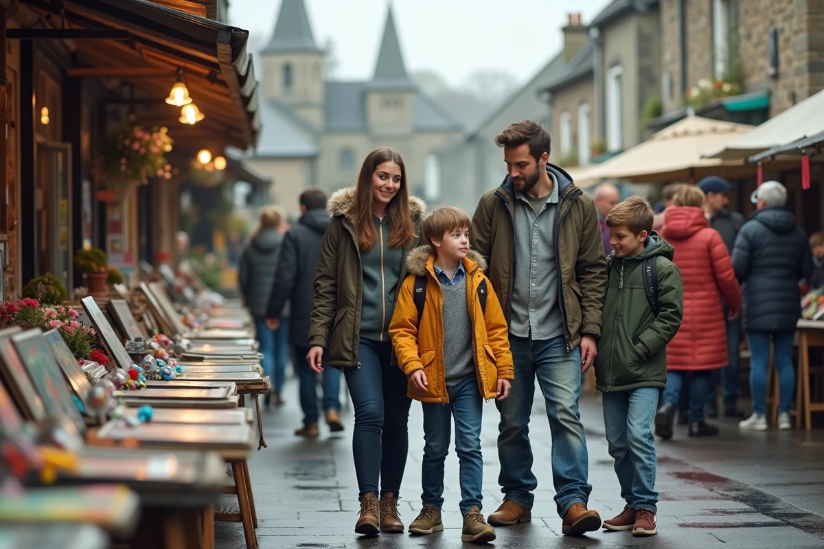 Famille parcourant un vide-grenier en Finistère avec des disques vinyles et jouets anciens sur des tables de tréteaux