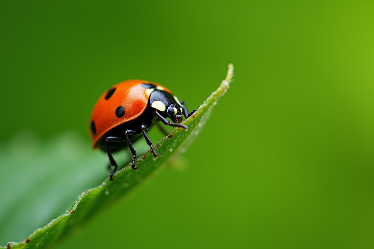Coccinelle venimeuse colorée sur une feuille verte en extérieur
