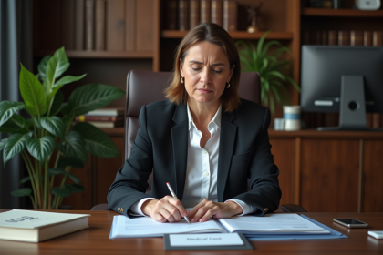 Femme d'affaires examinant un dossier médical dans un bureau