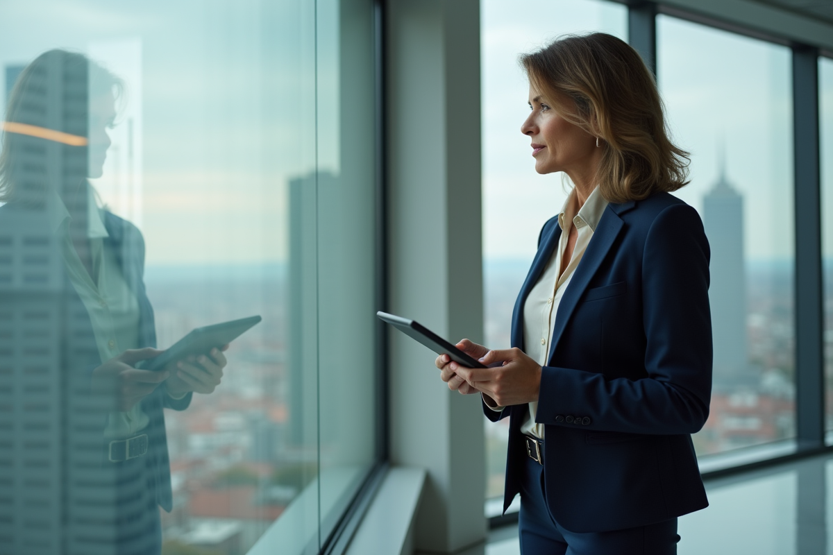 Femme d affaires regardant la ville depuis une fenêtre panoramique