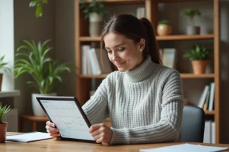 Femme consultant un calendrier numérique sur tablette pour organiser les semaines paires et impaires 2026 dans son agenda