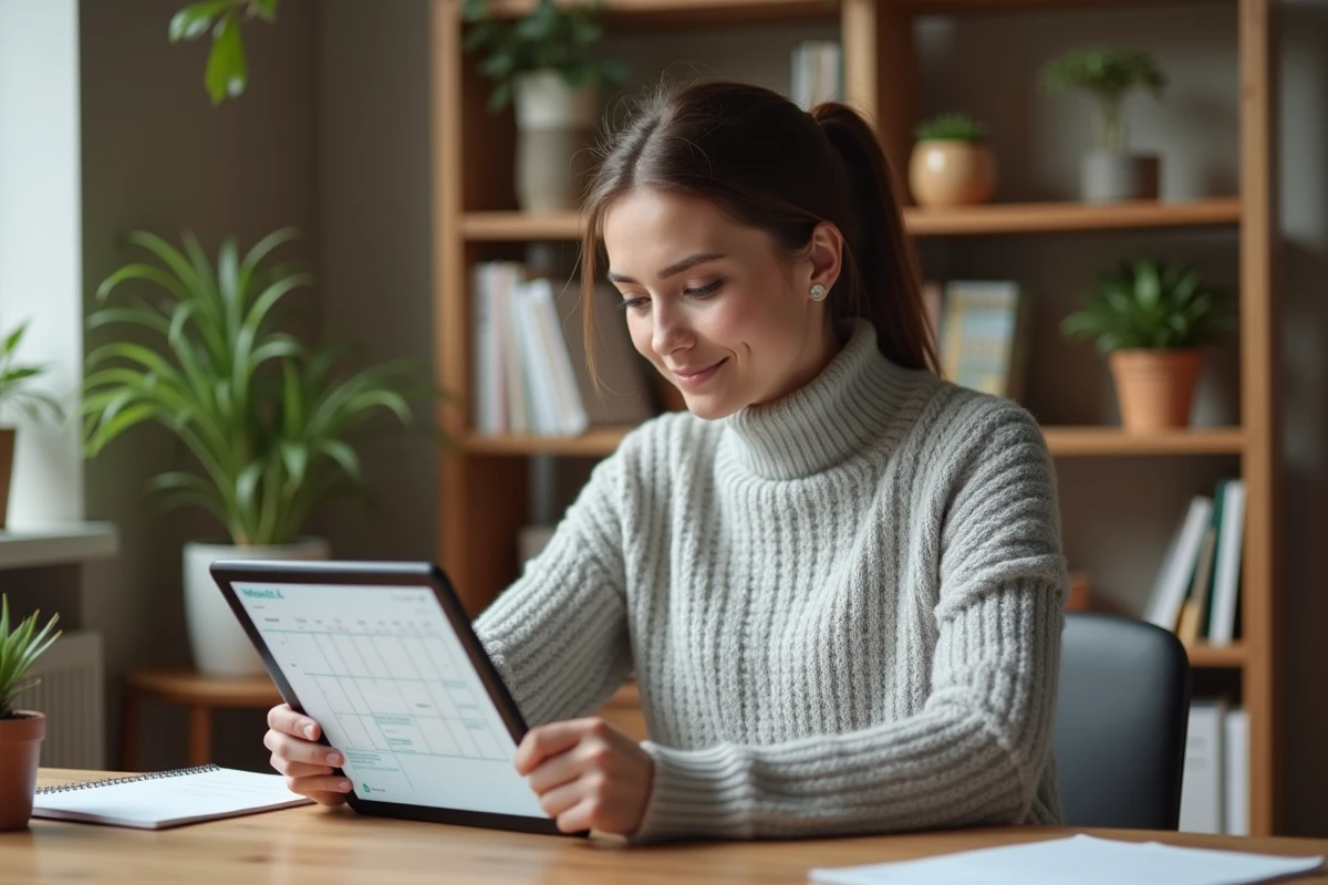 Femme consultant un calendrier numérique sur tablette pour organiser les semaines paires et impaires 2026 dans son agenda